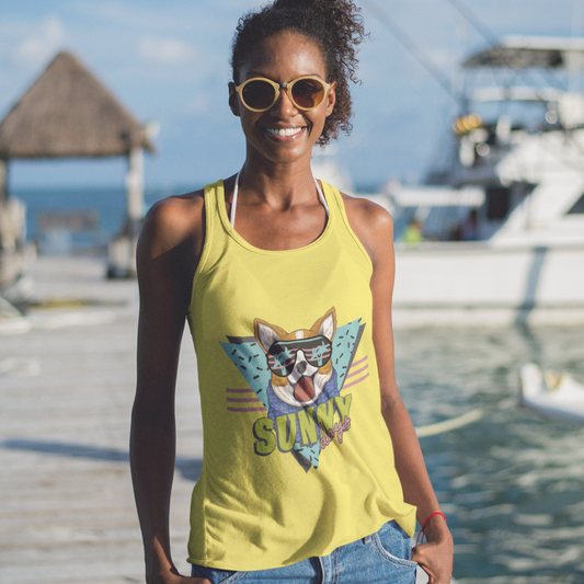 A model wearing a yellow tank top with a corgi in sunglasses with the text "Sunny days" there are some retro images behind the dog. 