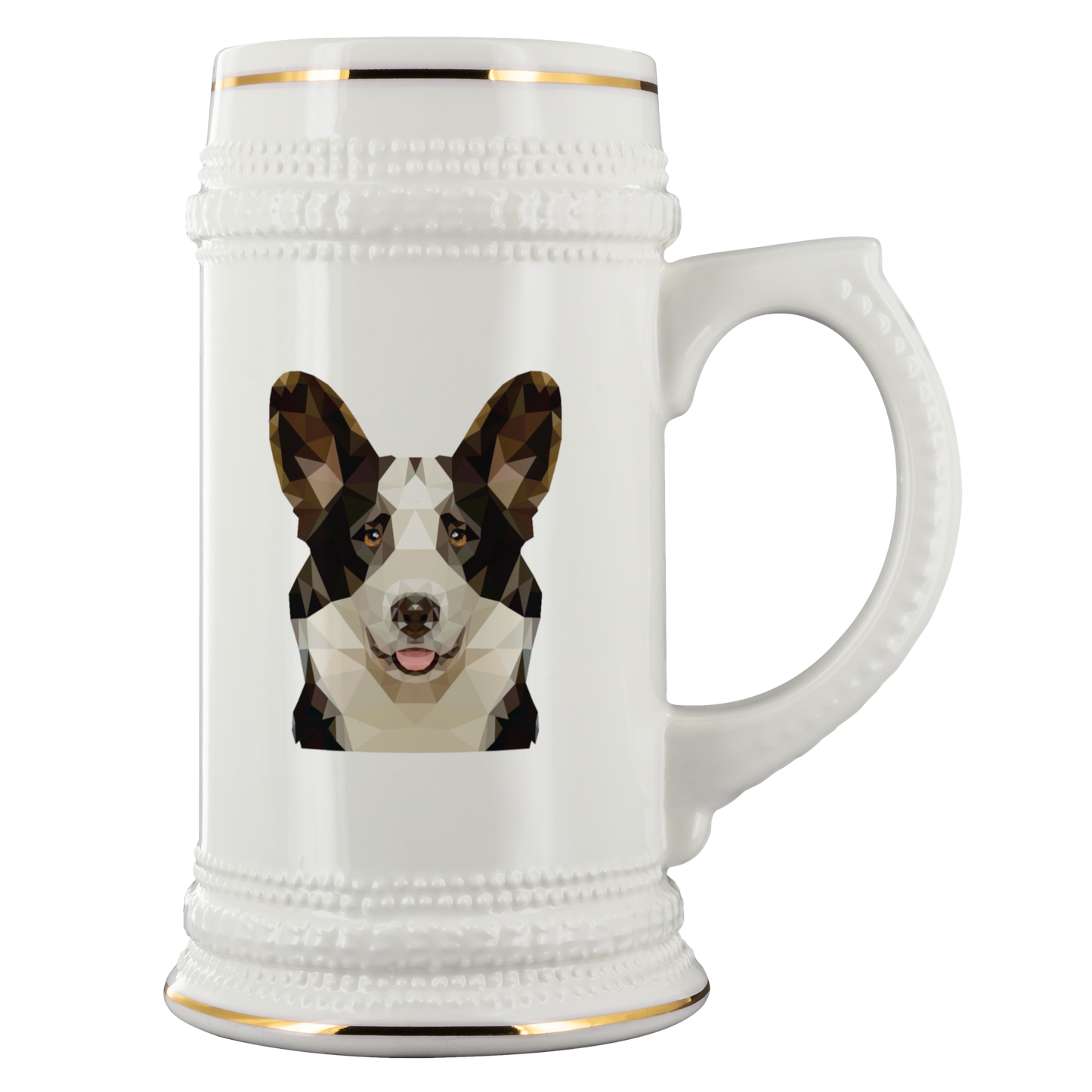 Beer stein with a polygonal cardigan corgi on it