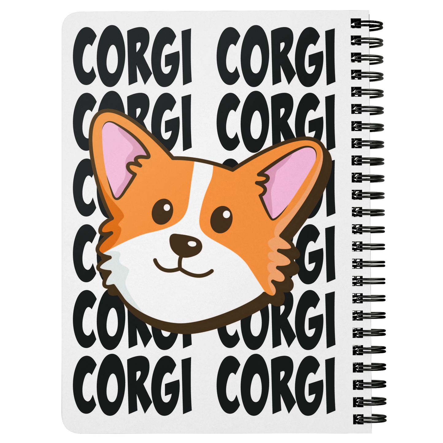 A journal with the face of a corgi with the background made of black text saying "CORGI CORGI", showing the back.