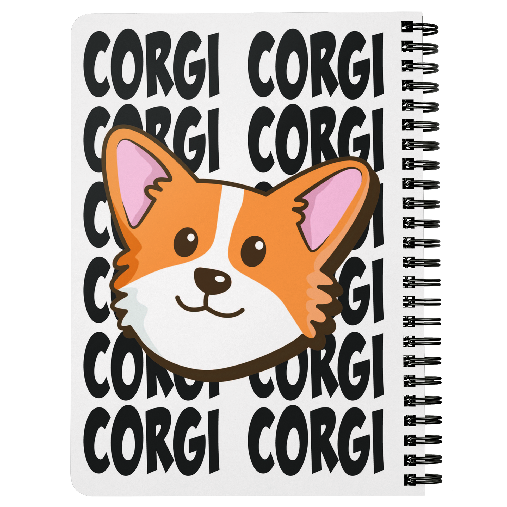 A journal with the face of a corgi with the background made of black text saying "CORGI CORGI", showing the back.