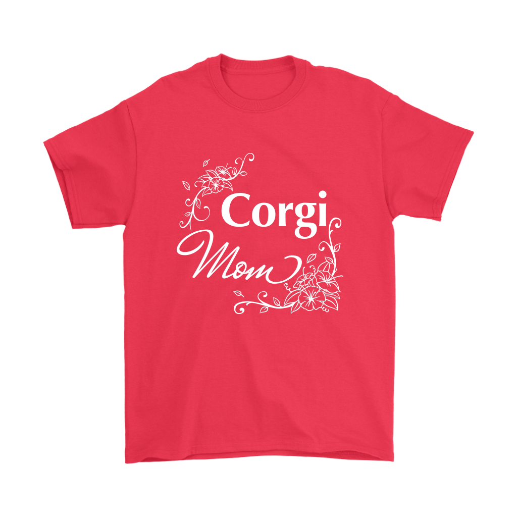 "Corgi Mom" shirt in red. The text has a flowery font.