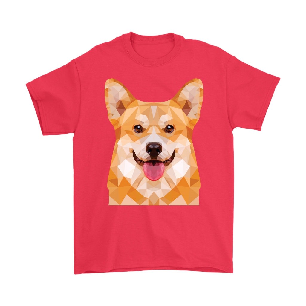 Polygonal fawn corgi face shirt, in red.