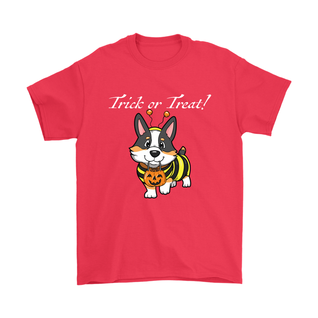 A t shirt with a tricolor corgi wearing a bumblebee costume. The text says "Trick or Treat" and the shirt is red.