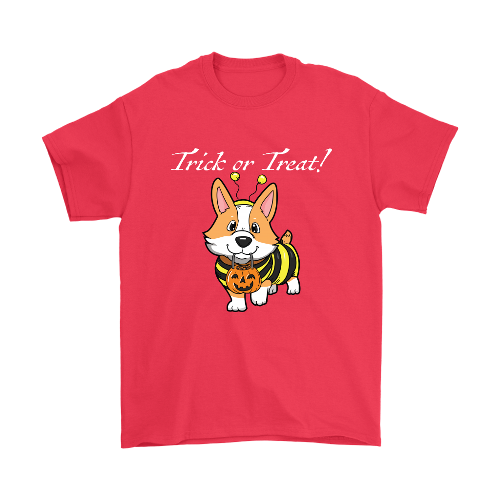 A shirt with a fawn corgi wearing a bumblebee costume with the text "Trick or Treat!". Shirt is red.