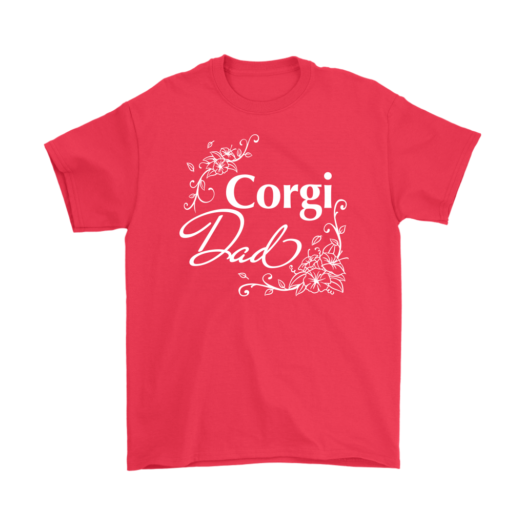 "Corgi Dad" shirt in red. The text has a flowery font.