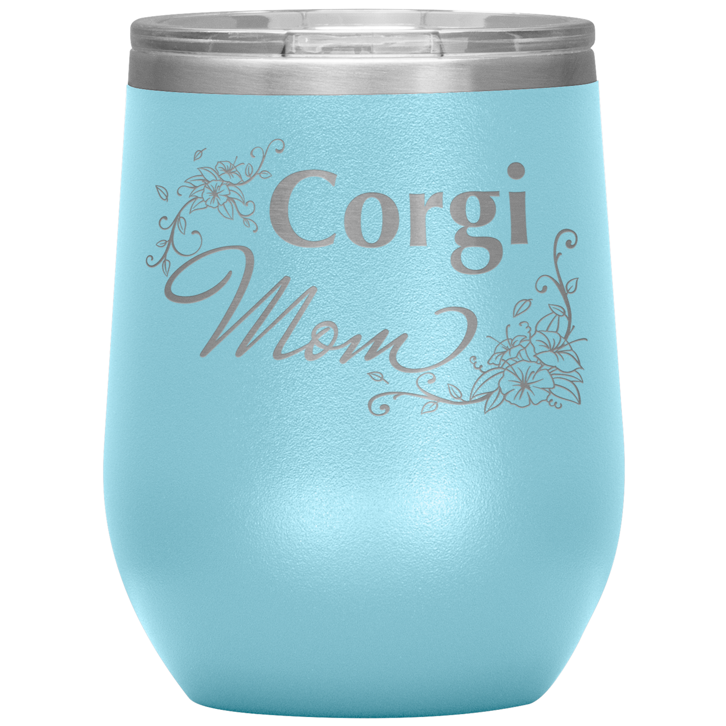 A light blue 12oz tumbler with the text "Corgi Mom" in a flowery font.