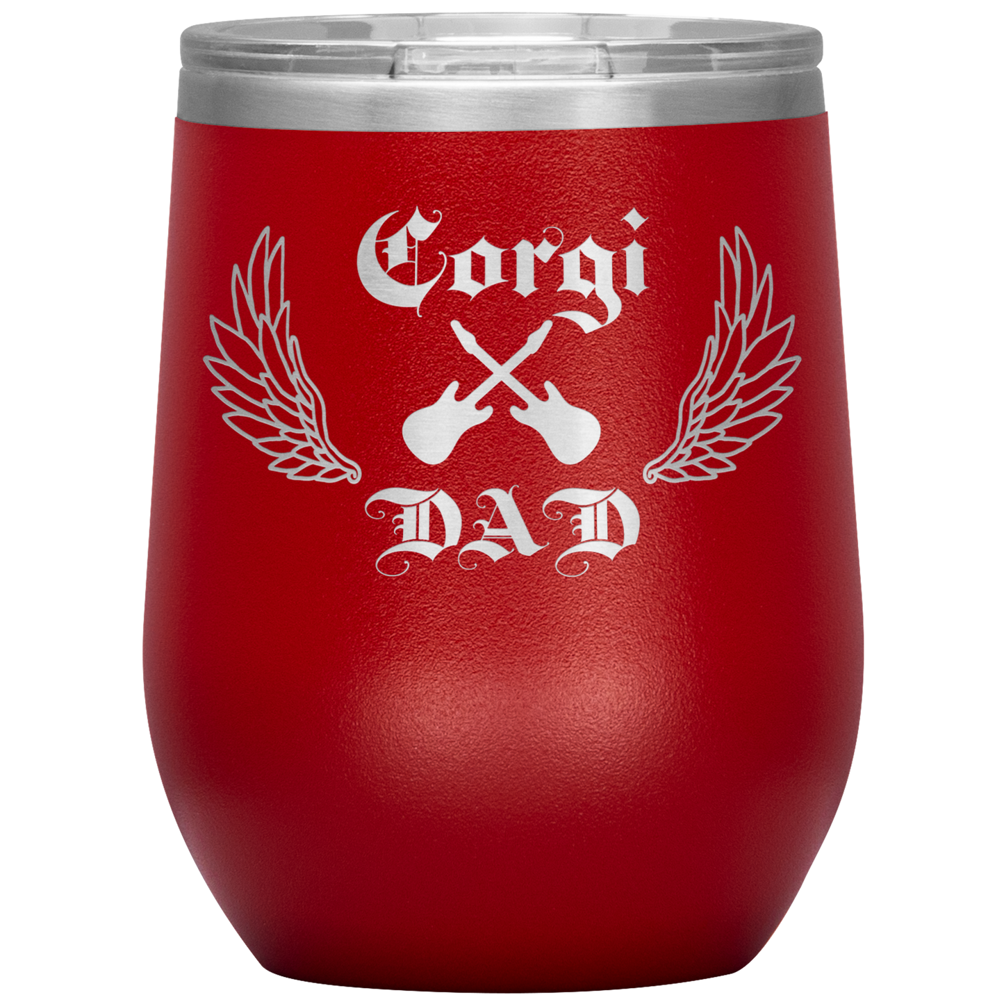 An insulated tumbler with the text "Corgi Dad" in a gothic style font with guitars and wings. The tumbler is red.