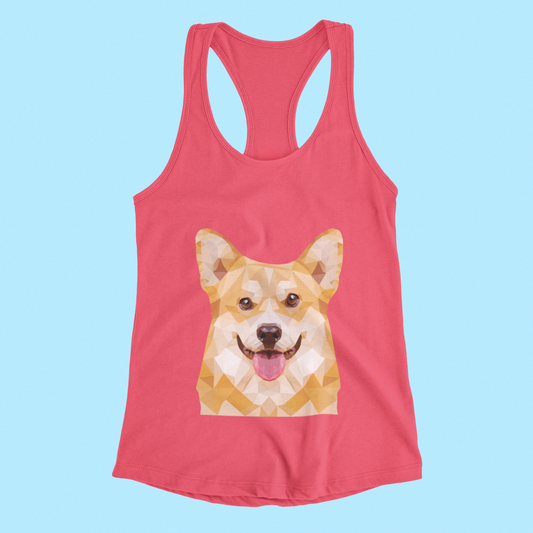 A racerback tank top with a fawn corgi made of polygonal art. The tank is raspberry pink colored.