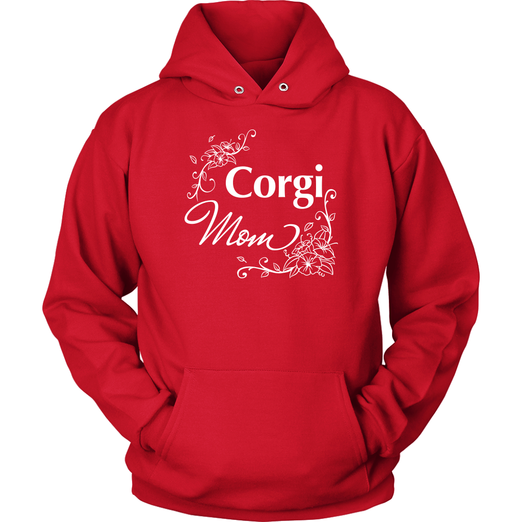 A hoodie with the text "Corgi Mom" and flower line designs. The hoodie is red. 