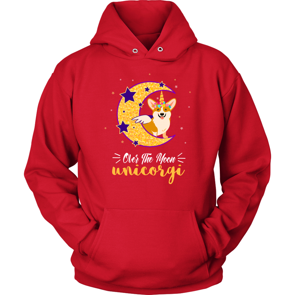 A hooded sweatshirt that is red that has a corgi that has a unicorn and wings while sitting on a crescent moon. The text says "Over the moon Unicorgi".