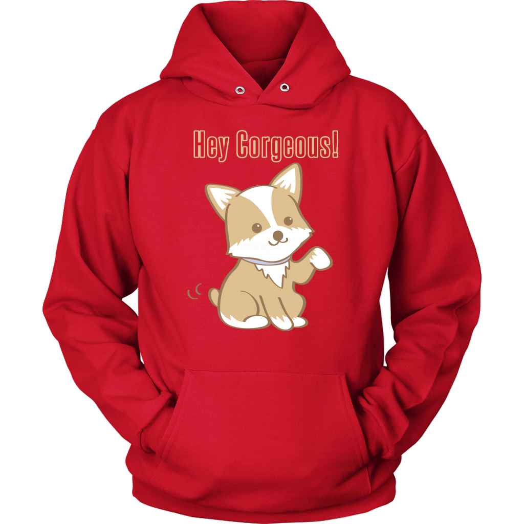 A hoodie with the text "Hey Corgeous!" and a waiving corgi. The hoodie is red. 