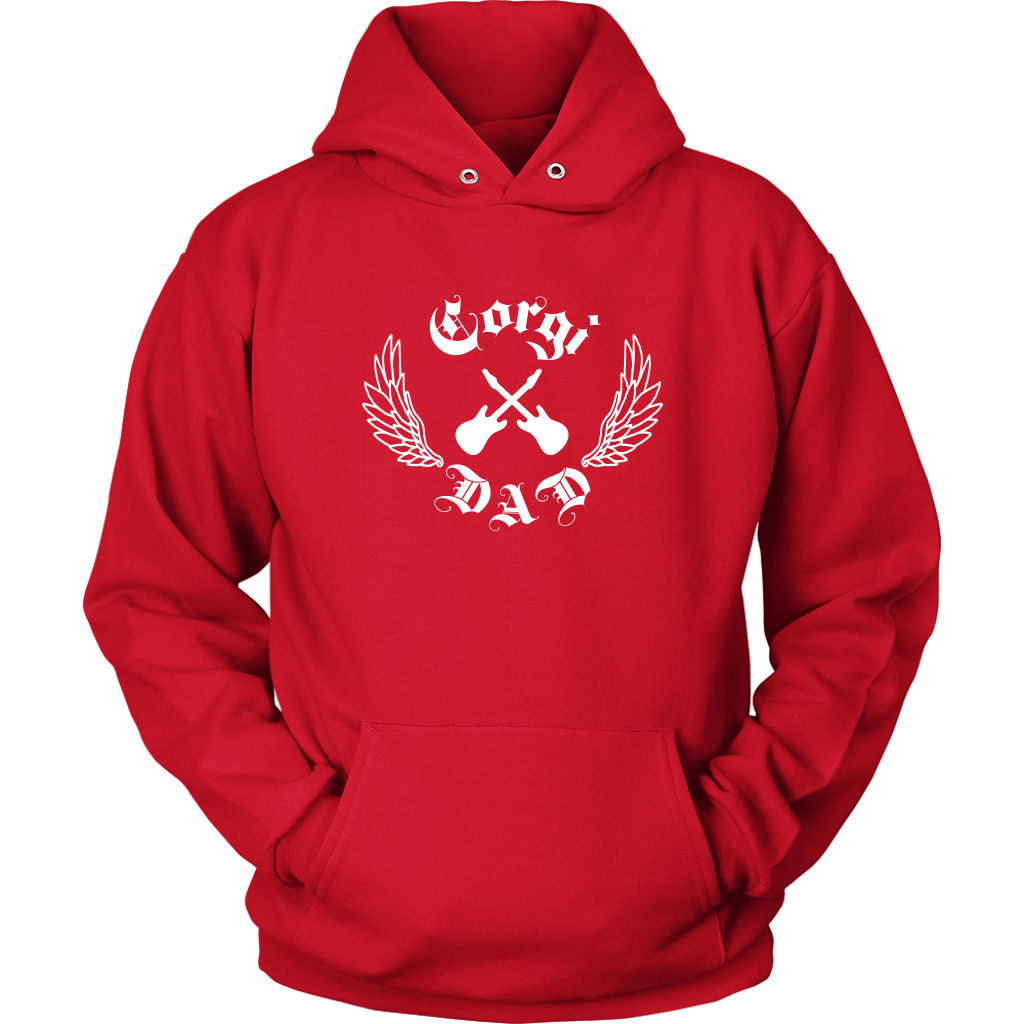 A flat lay of a red hooded sweatshirt. The design on the hoodie is crossed electric guitars, lined wings, and "Corgi Dad" in old english font. 