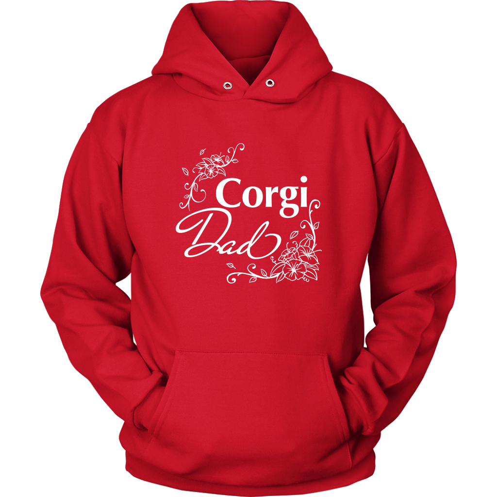 A hoodie with the text "Corgi Dad" and flower line designs. The hoodie is red.