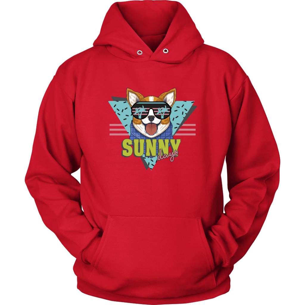 A flat lay of a hoodie with the text "Sunny Days" and a corgi in sunglasses. The hoodie is red colored.