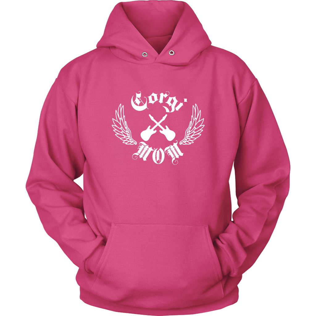 The image if of a hoodie. The text on the hoodie says "Corgi Mom" in old english font. There are also crossed electric guitars and line-art wings. The hoodie is pink. 