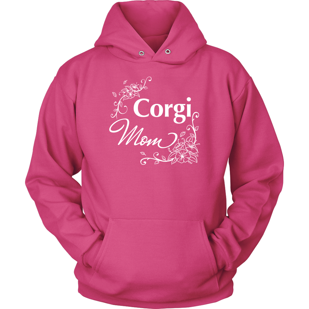 A hoodie with the text "Corgi Mom" and flower line designs. The hoodie is pink. 