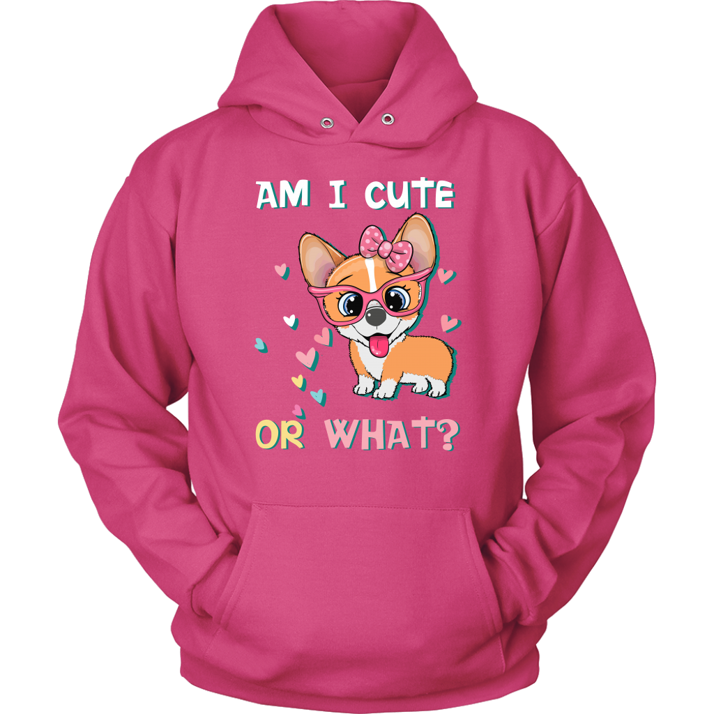 A hoodie with the text "Am I cute or What?" with a picture of an adorable, smiling corgi. The hoodie is pink.