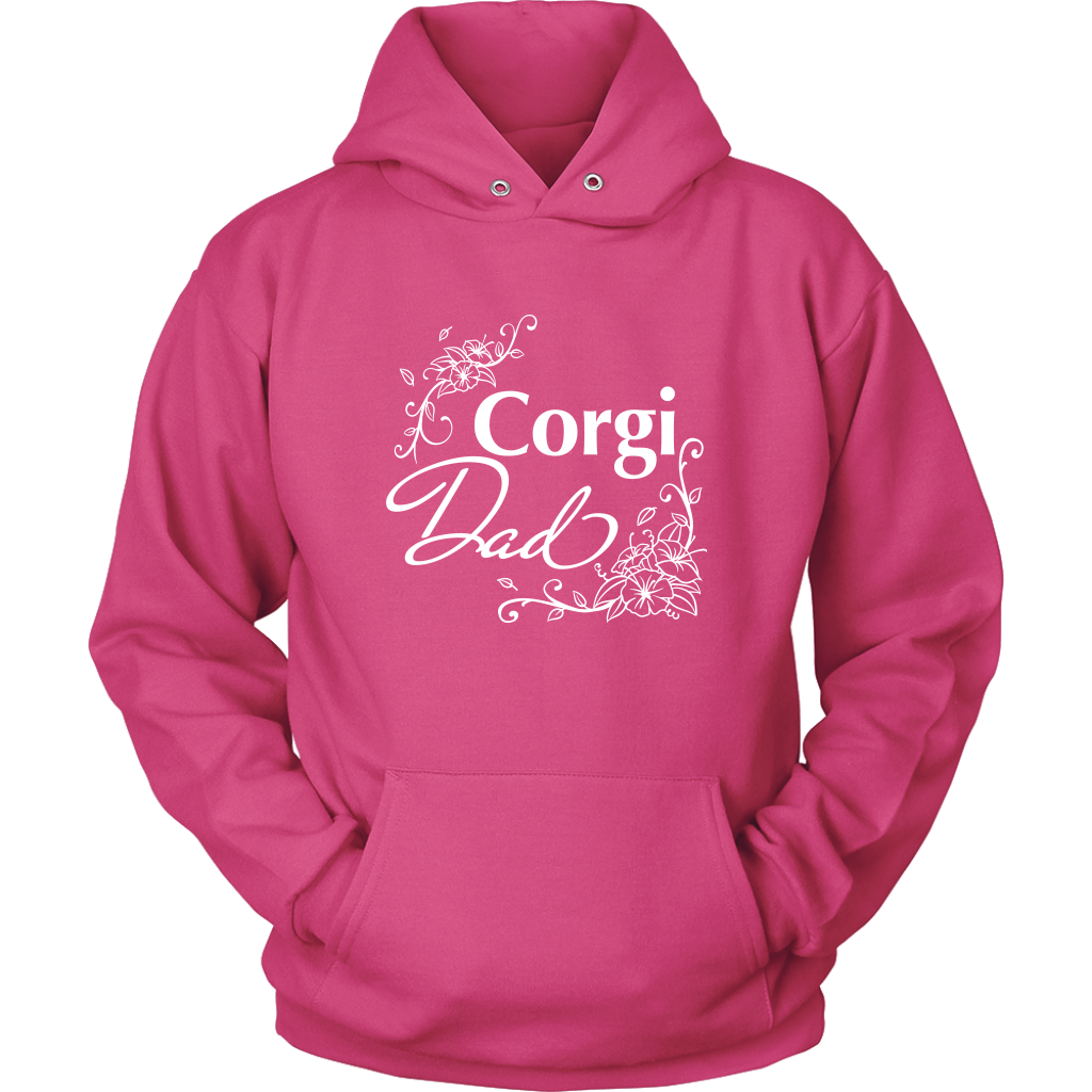 A hoodie with the text "Corgi Dad" and flower line designs. The hoodie is pink.