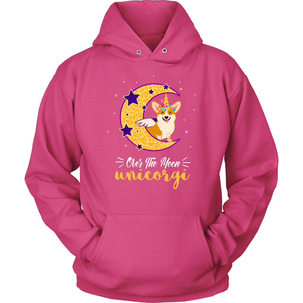 A hooded sweatshirt that is pink that has a corgi that has a unicorn and wings while sitting on a crescent moon. The text says "Over the moon Unicorgi".