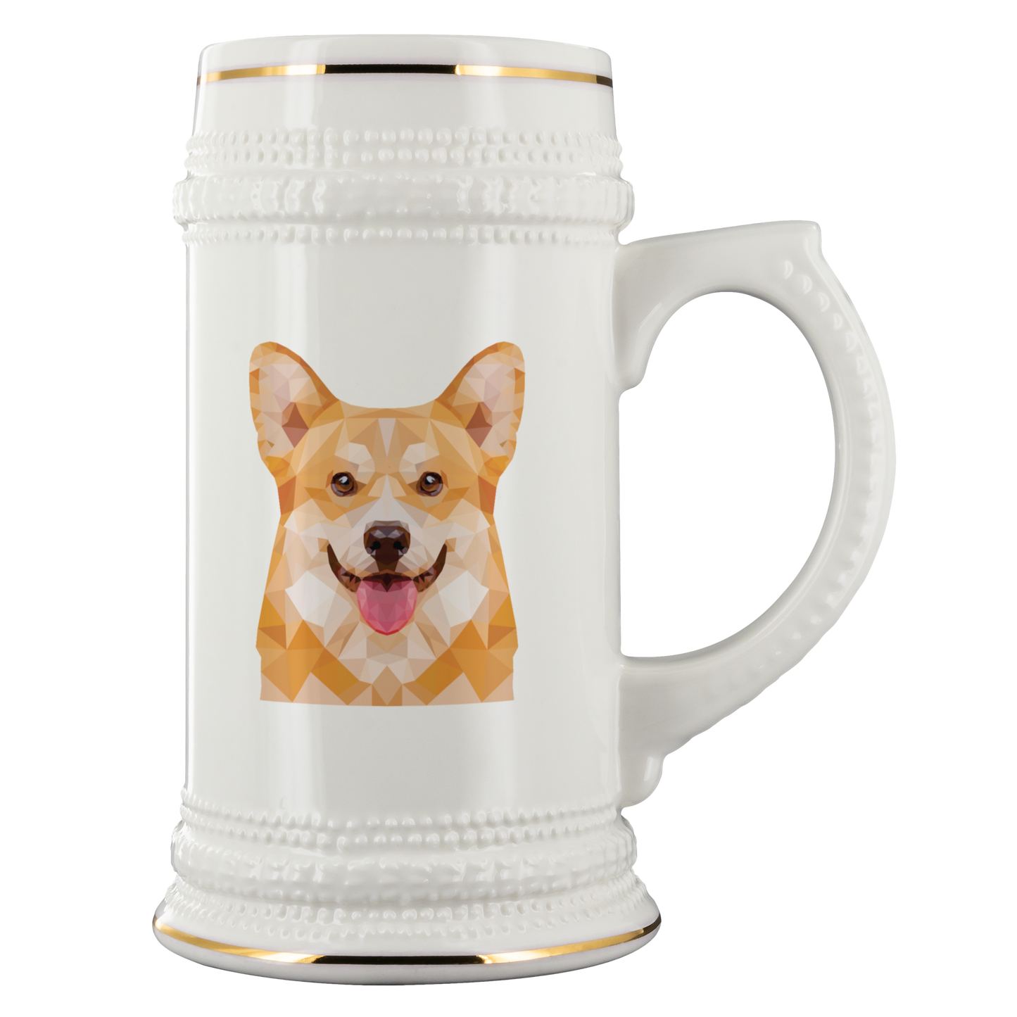 Beer stein with a polygonal pembroke corgi on it