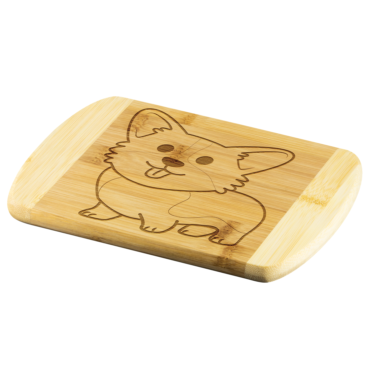 Picture of bamboo cutting board with corgi design etched in, viewed at an angle.