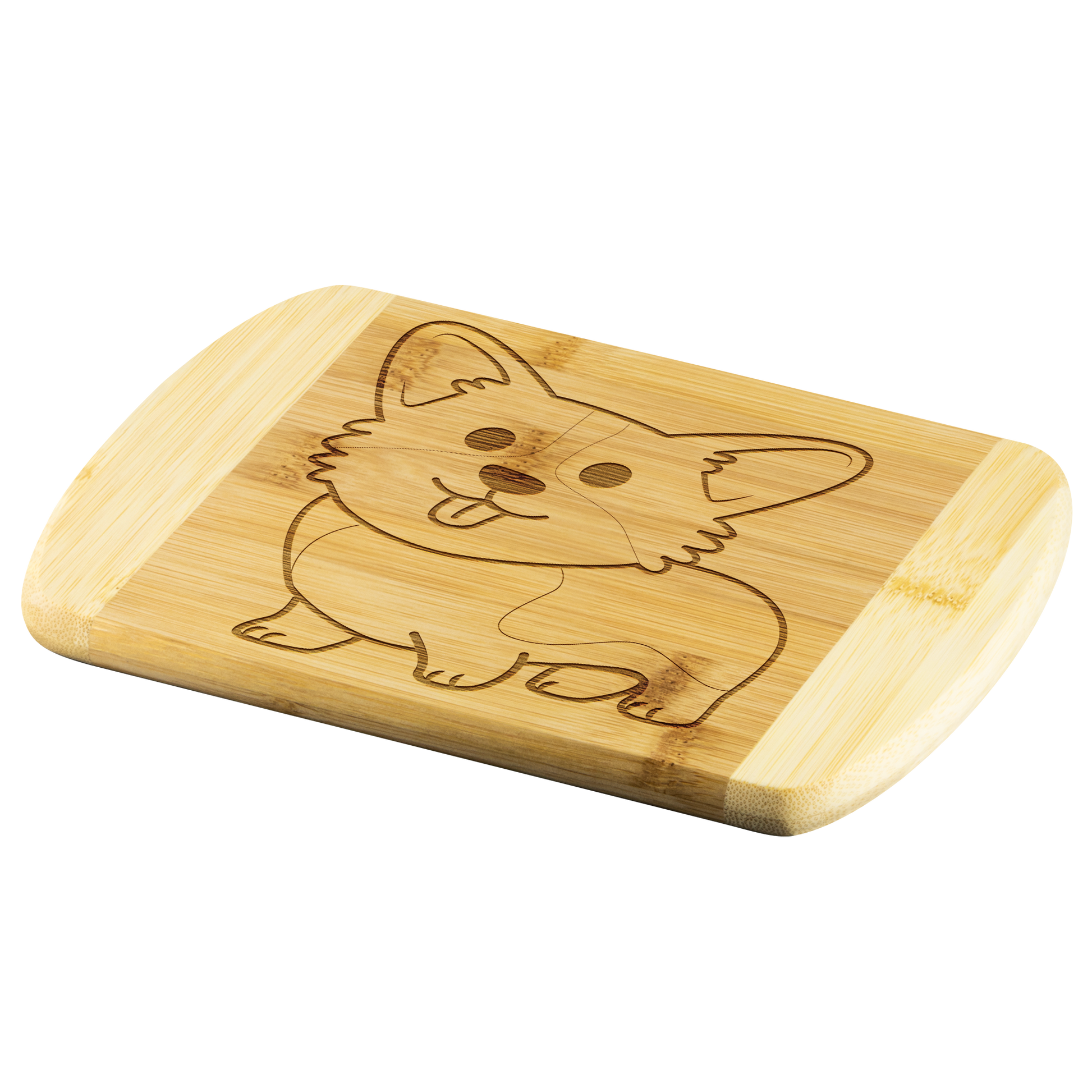 Picture of bamboo cutting board with corgi design etched in, viewed at an angle.