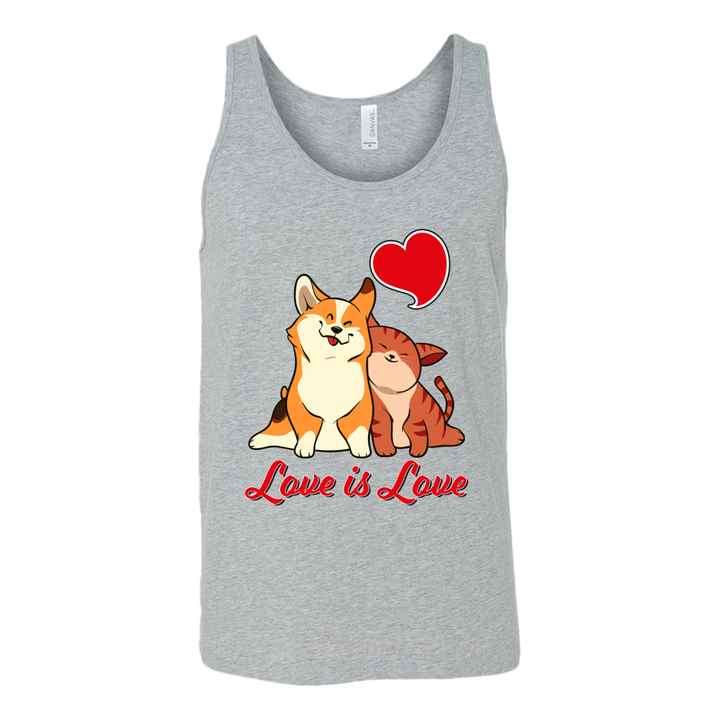 A unisex tank top with a corgi snuggling a cat. The text says "Love is Love" and the tank top is heather-grey.