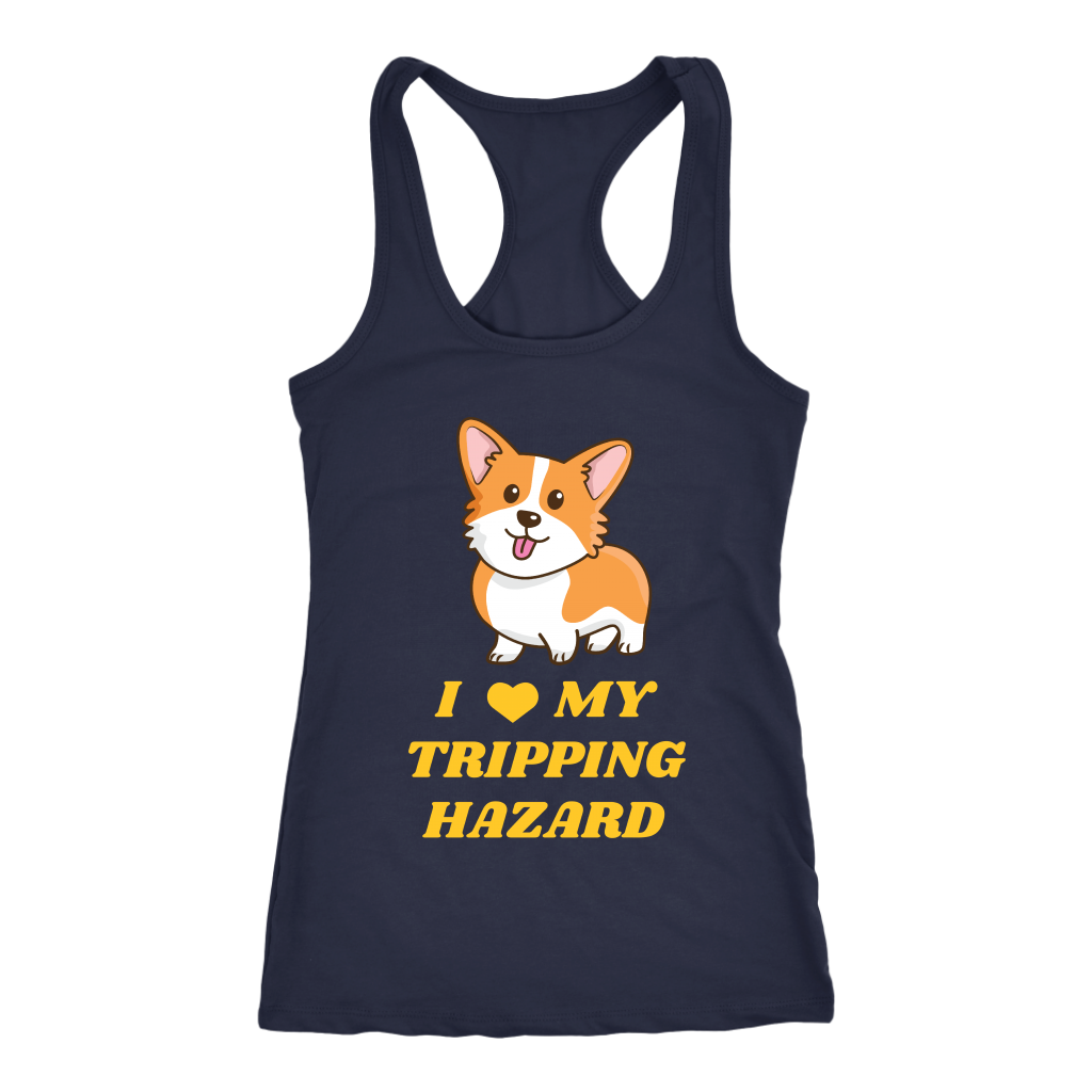 A racerback tank top with the text "I love my tripping hazard" with a picture of a corgi. The tank top is navy-colored.