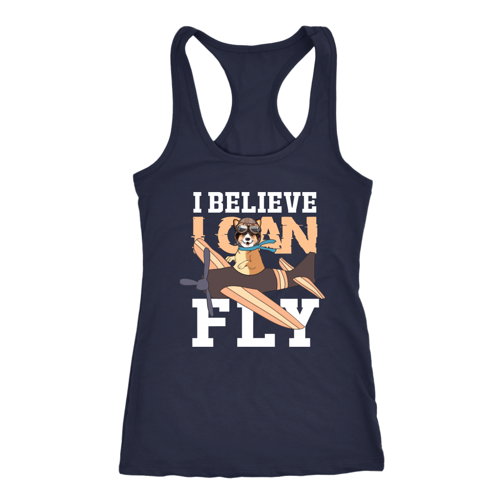 A racerback tank top with the text "I believe I can fly" with a picture of a corgi in a biplane. The tank top is navy-colored.