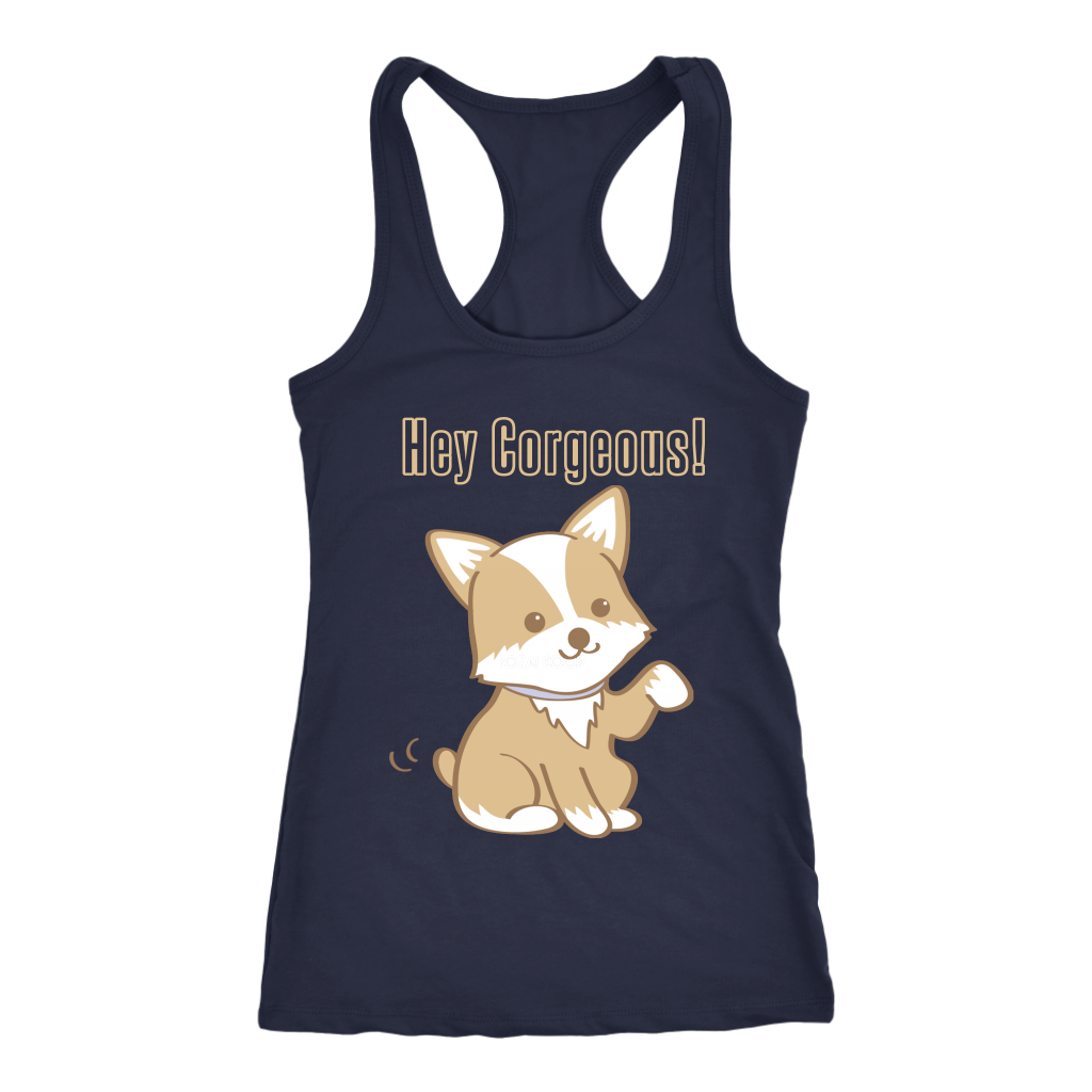 A racerback tank top with the text "Hey Corgeous" with a picture of a corgi waving. The tank top is navy-colored.