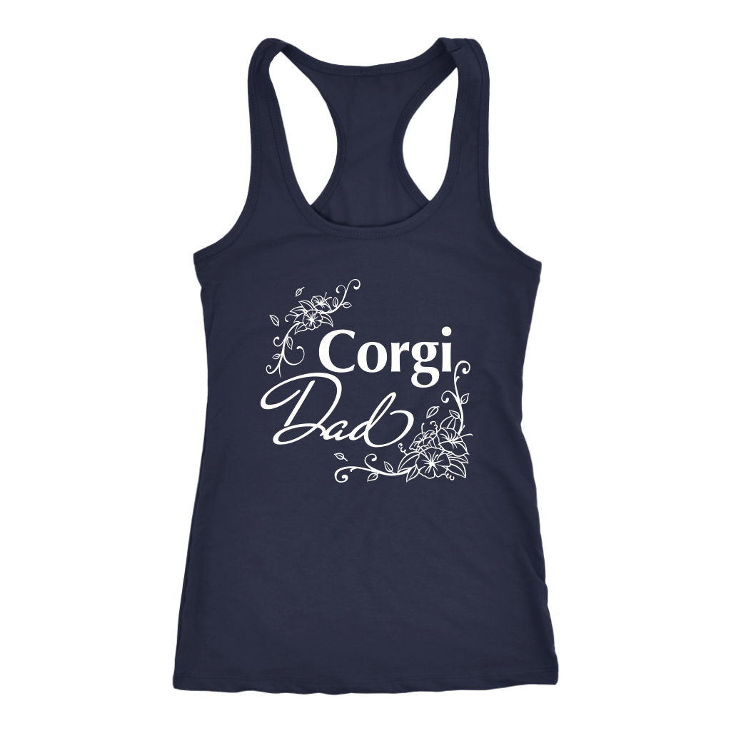 A racerback tank top with the text "Corgi Dad" in flowery text. The tank top is navy blue.