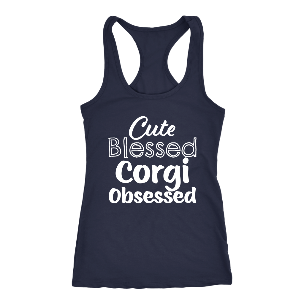 A racerback tank top with the text "Cute Blessed Corgi Obsessed". The tank top is navy-colored.