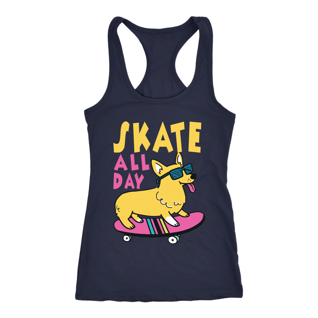 A racerback tank top with the text "Skate all day" with a skateboarding corgi next to the text. The tank top is navy blue.