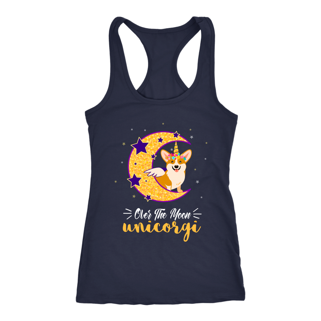 A tank top with a corgi dressed up as a unicorn with wings, sitting on the moon. The text says "over the moon Unicorgi". The tank top is dark blue.