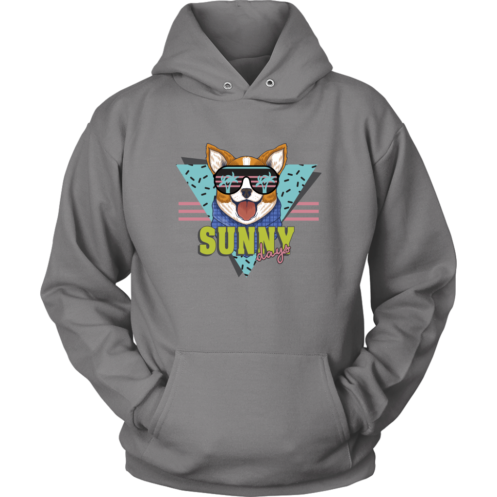 A flat lay of a hoodie with the text "Sunny Days" and a corgi in sunglasses. The hoodie is dark grey colored.