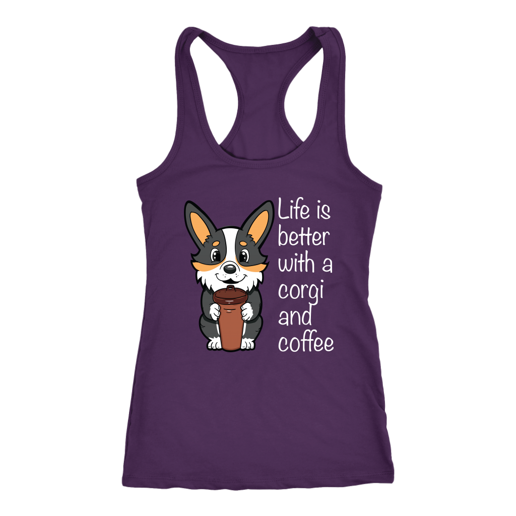 A racerback tank top with the text "Life is better with a corgi and coffee" with a picture of a corgi holding a cup of coffee. The tank top is purple.