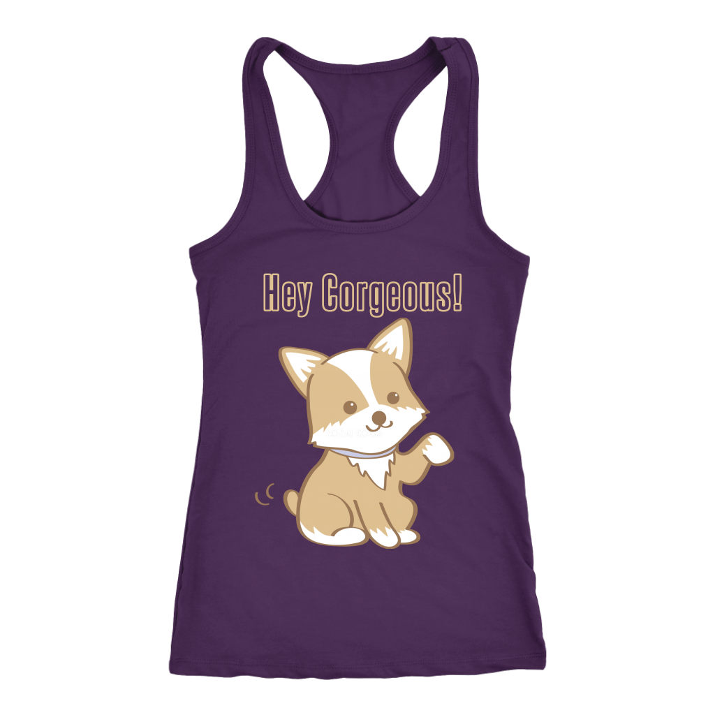 A racerback tank top with the text "Hey Corgeous" with a picture of a corgi waving. The tank top is purple.