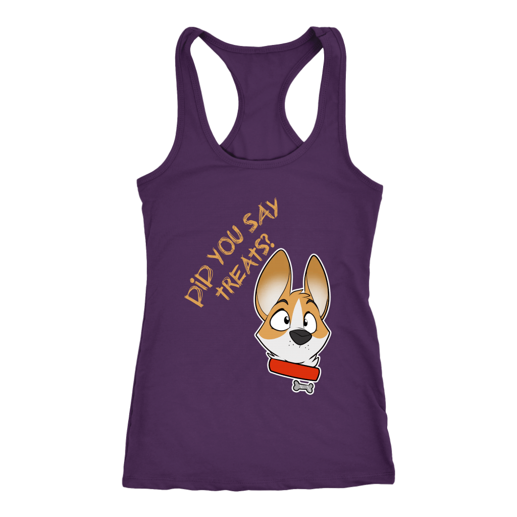 A racerback tank top with the text "Did you say treats" with a corgi's face next to the text. The tank top is purple.