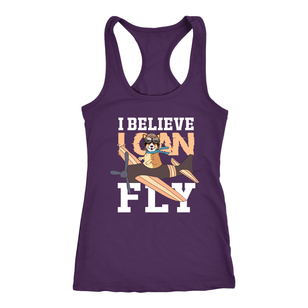 A racerback tank top with the text "I believe I can fly" with a picture of a corgi in a biplane. The tank top is purple.