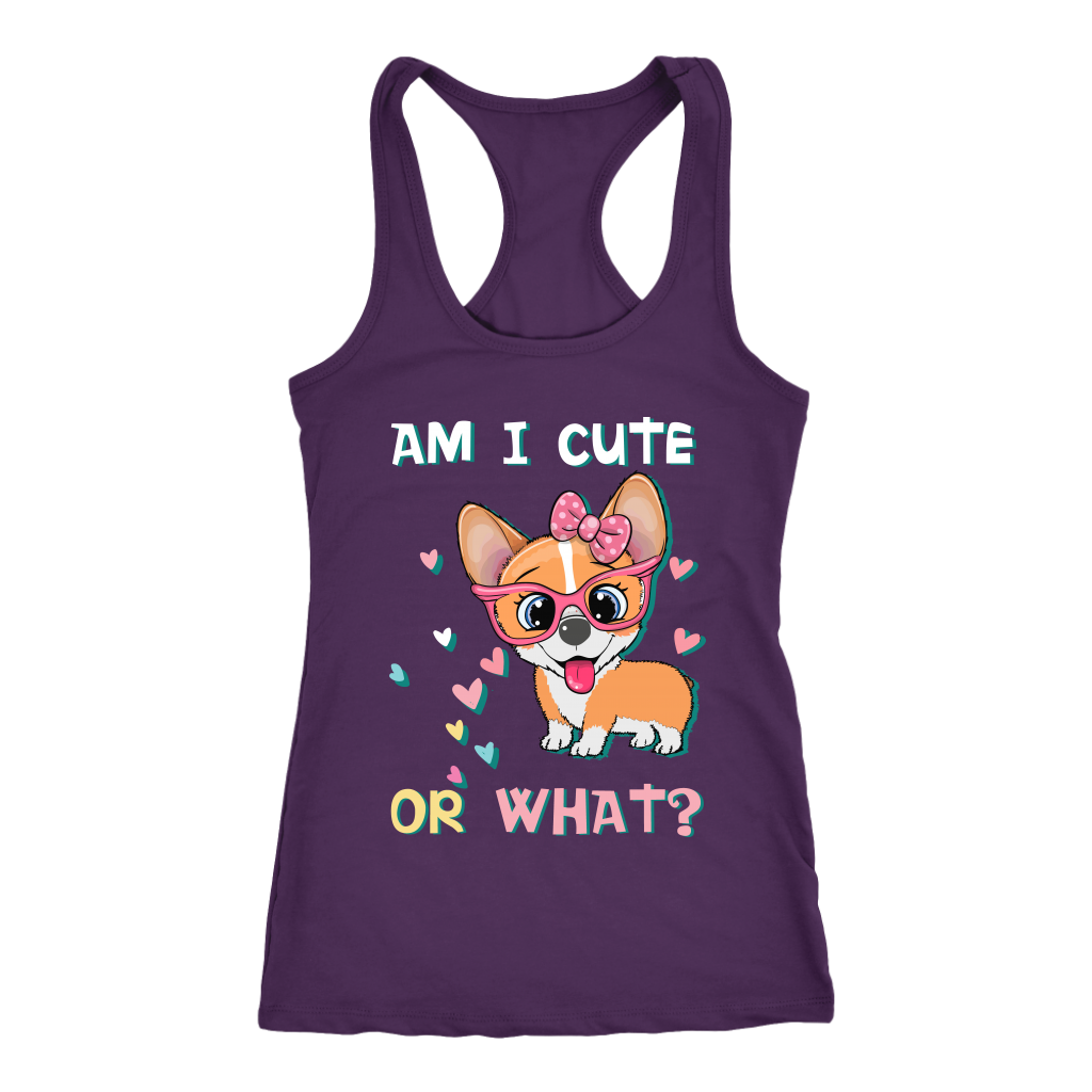 A racerback tank top with the text "Am I cute or what?" with a cute picture of a corgi. The tank is purple.