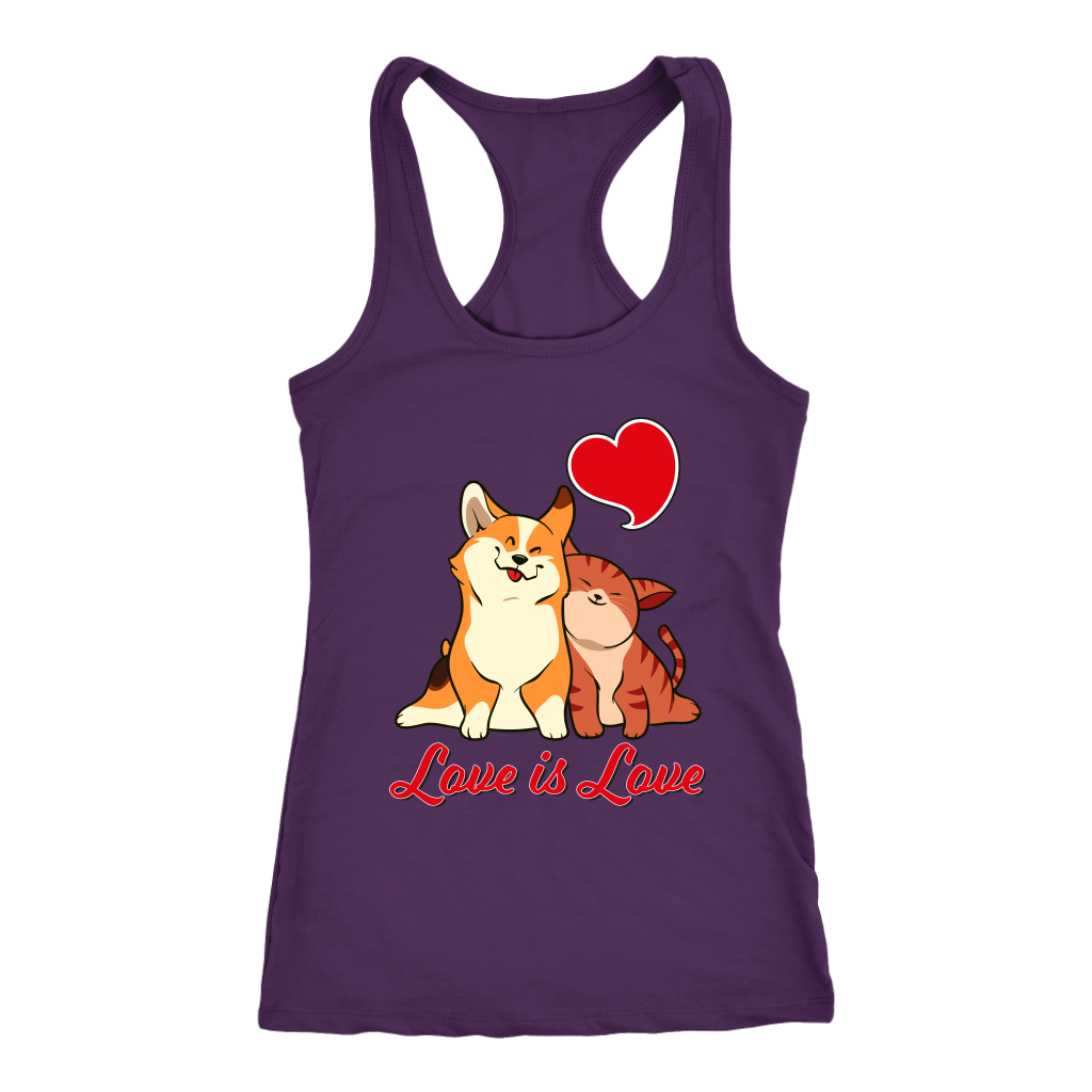 a racerback tank top with a corgi snuggling a cat. The text says "Love is Love" and the tank top is purple.