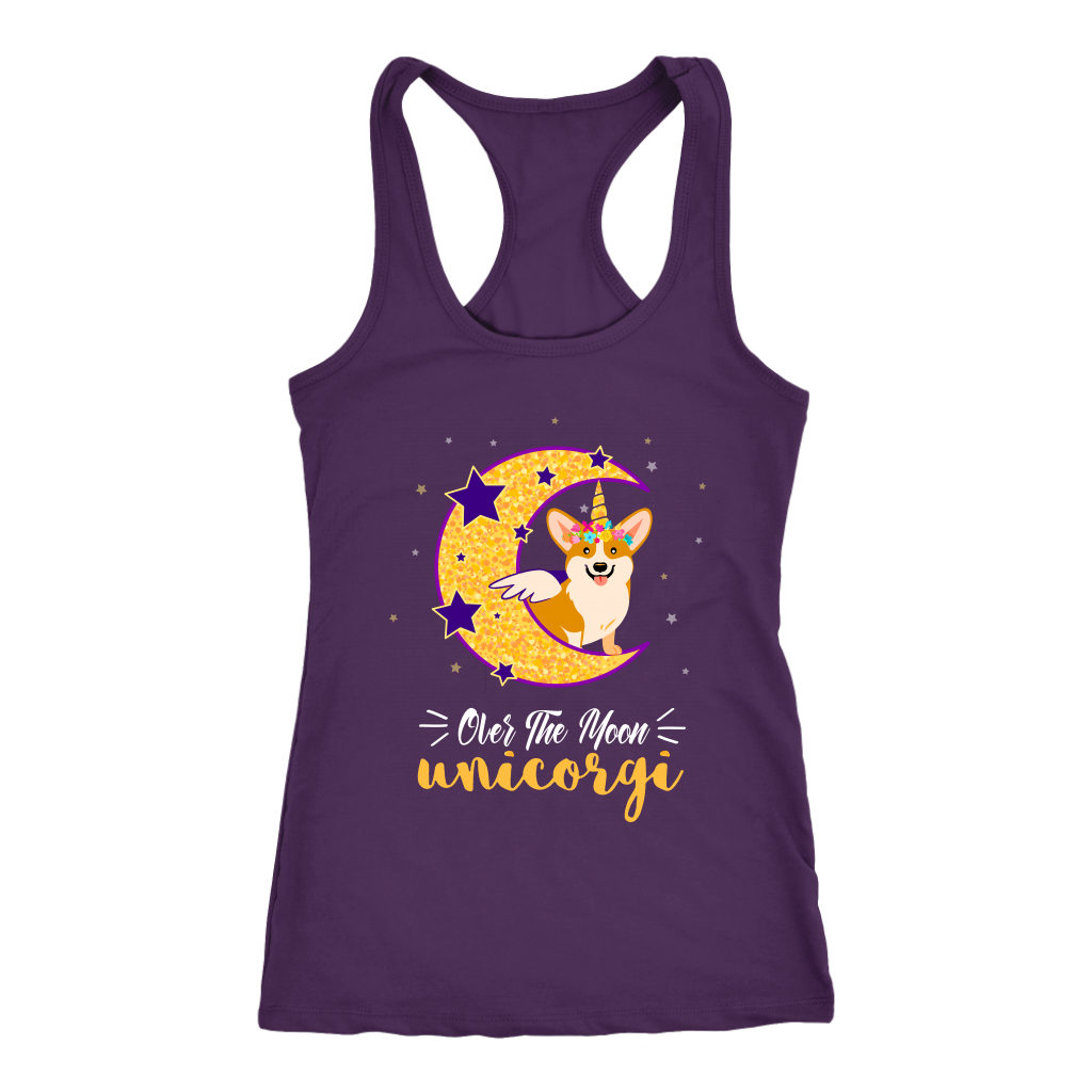 A tank top with a corgi dressed up as a unicorn with wings, sitting on the moon. The text says "over the moon Unicorgi". The tank top is purple.