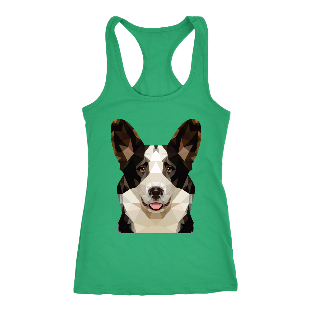 A racerback tank top with a cardigan corgi made of polygonal art. The tank is green.