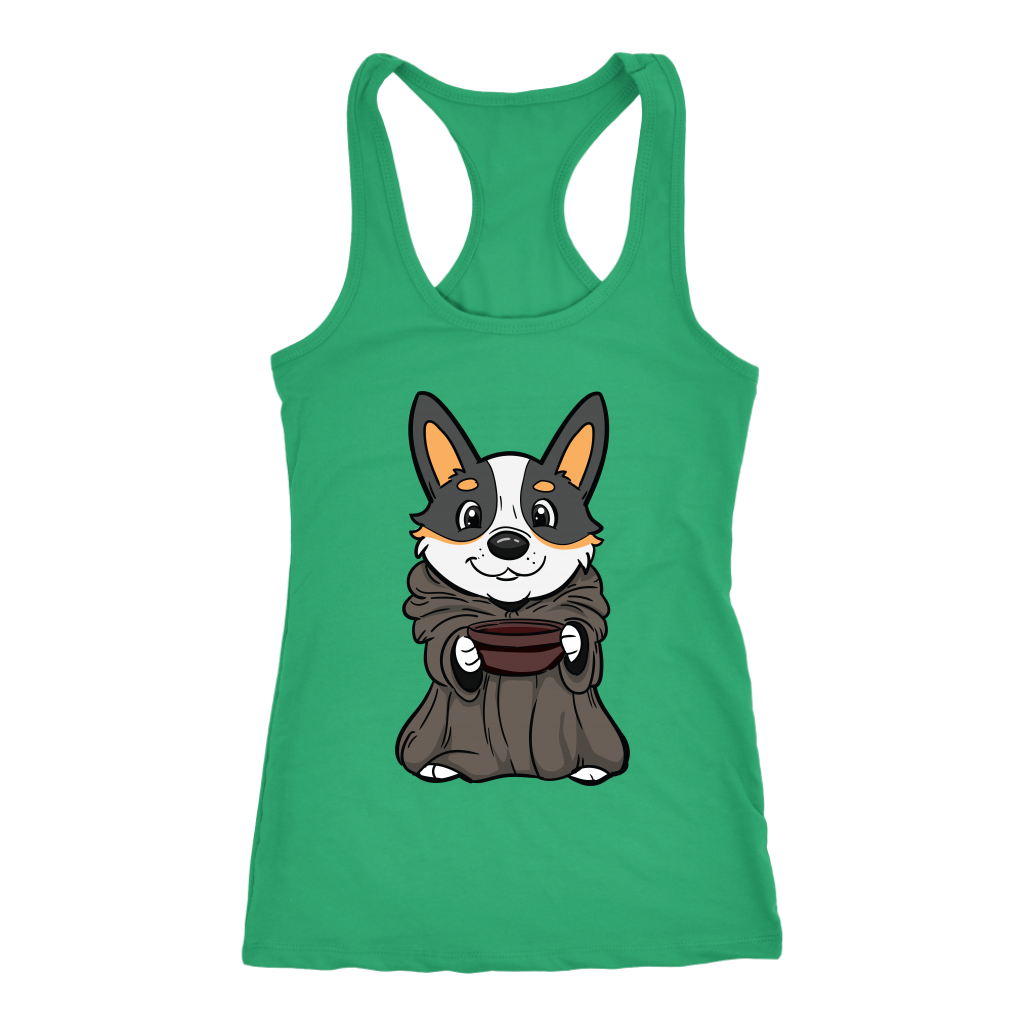 A racerback tank top with a picture of a corgi dressed as baby yoda. The tank is green. 