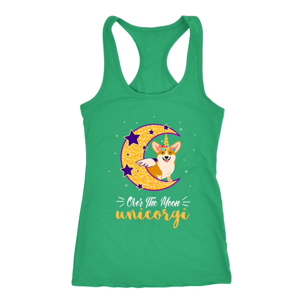 A tank top with a corgi dressed up as a unicorn with wings, sitting on the moon. The text says "over the moon Unicorgi". The tank top is green.