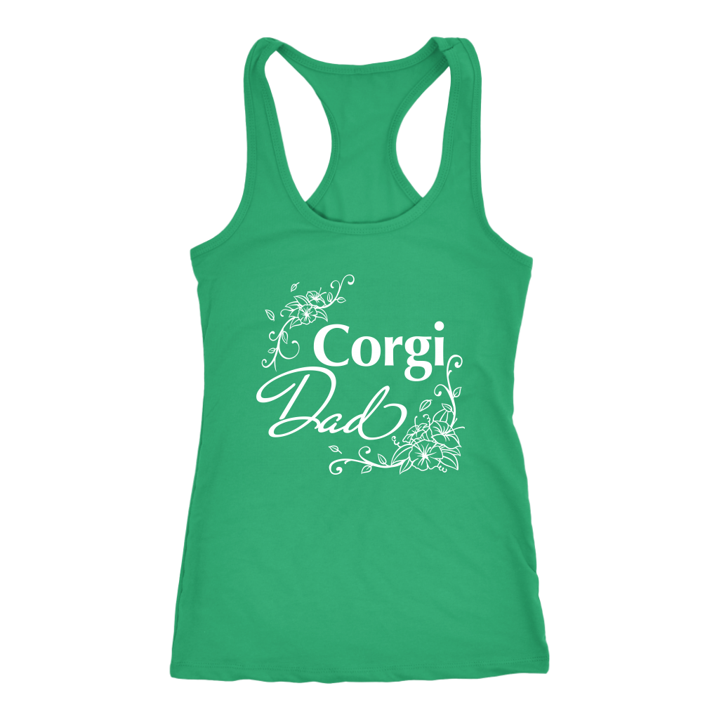 A racerback tank top with the text "Corgi Dad" in flowery text. The tank top is green.