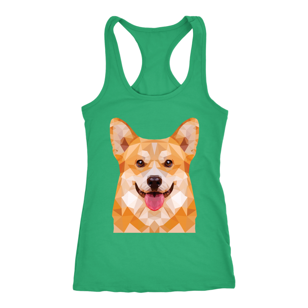 A racerback tank top with a fawn corgi made of polygonal art. The tank is green.