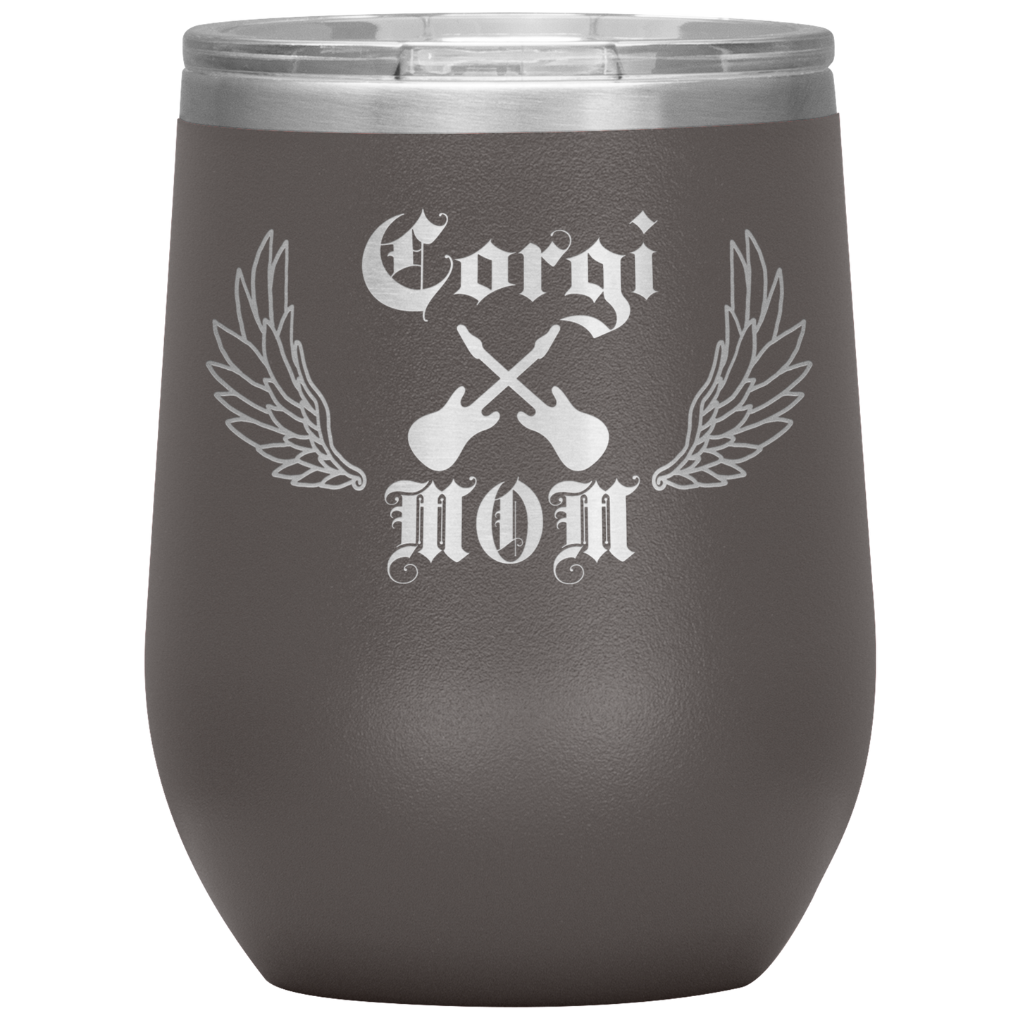 An insulated tumbler with the text "Corgi Mom" in a gothic style font with guitars and wings. The tumbler is pewter colored.