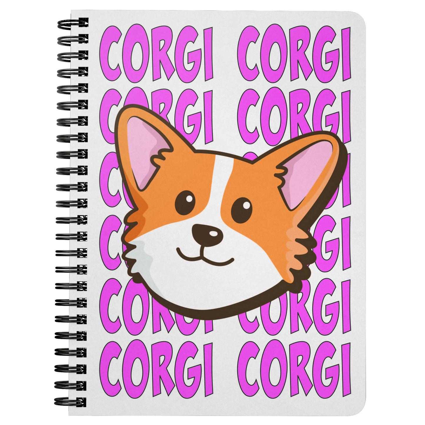 A journal with the face of a corgi with the background made of pink text saying "CORGI CORGI".