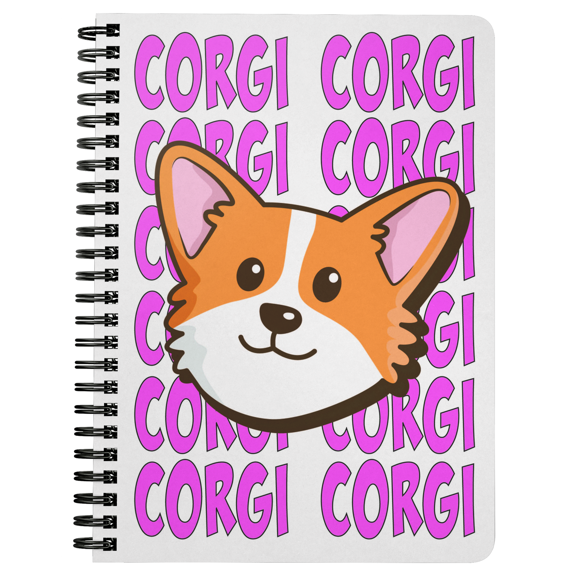 A journal with the face of a corgi with the background made of pink text saying "CORGI CORGI".